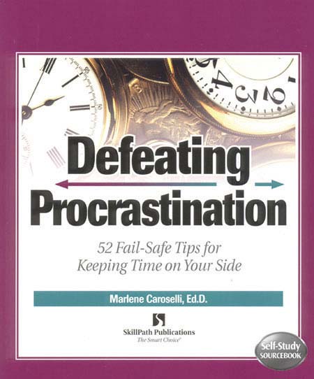 Image of a book cover with the title Defeating Procrastination.  There are images of clocks behind the book's title.