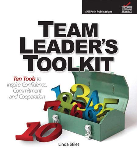 Image of a book cover with the title Team Leader's Toolkit.  There is an image of a toolbox with numbers inside at the bottom of the cover.