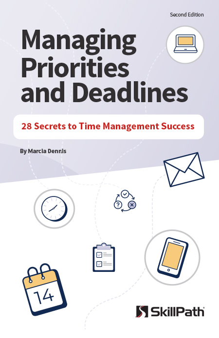 Image of a book cover with calendar, clock and mail on cover.  The title is Managing Priorities and Deadlines.