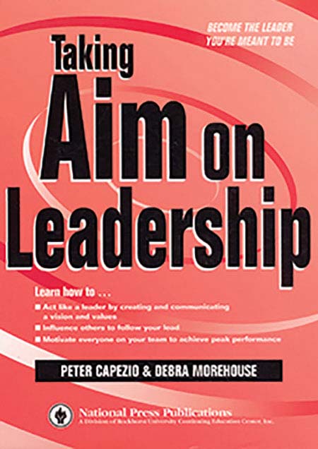 Image of a book cover with the title Taking Aim on Leadership.  The cover is red with a circular graphic behind the title.