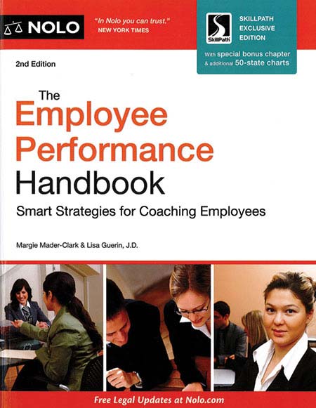 Image of a book cover with the title The Employee Performance Handbook.  There are three images of people in workplace situations at the bottom of the cover.