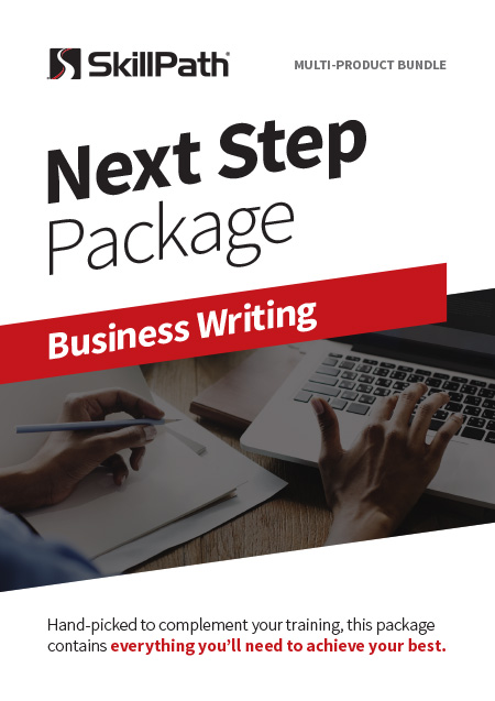 Image of a book cover with the title Next Step Package Business Writing. There is an image of a person typing on a laptop.