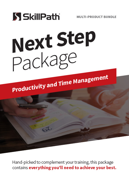 Image of a book cover with the title Next Step Package Productivity & Time Management. There is an image of a calendar also on the cover.