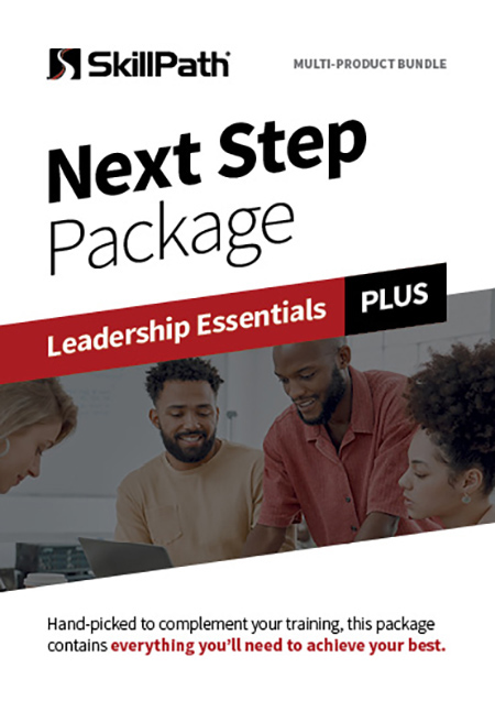 Image of a book cover with the title Next Step Package Leadership Essentials title. There is an image of a group of coworkers gathered around a laptop.