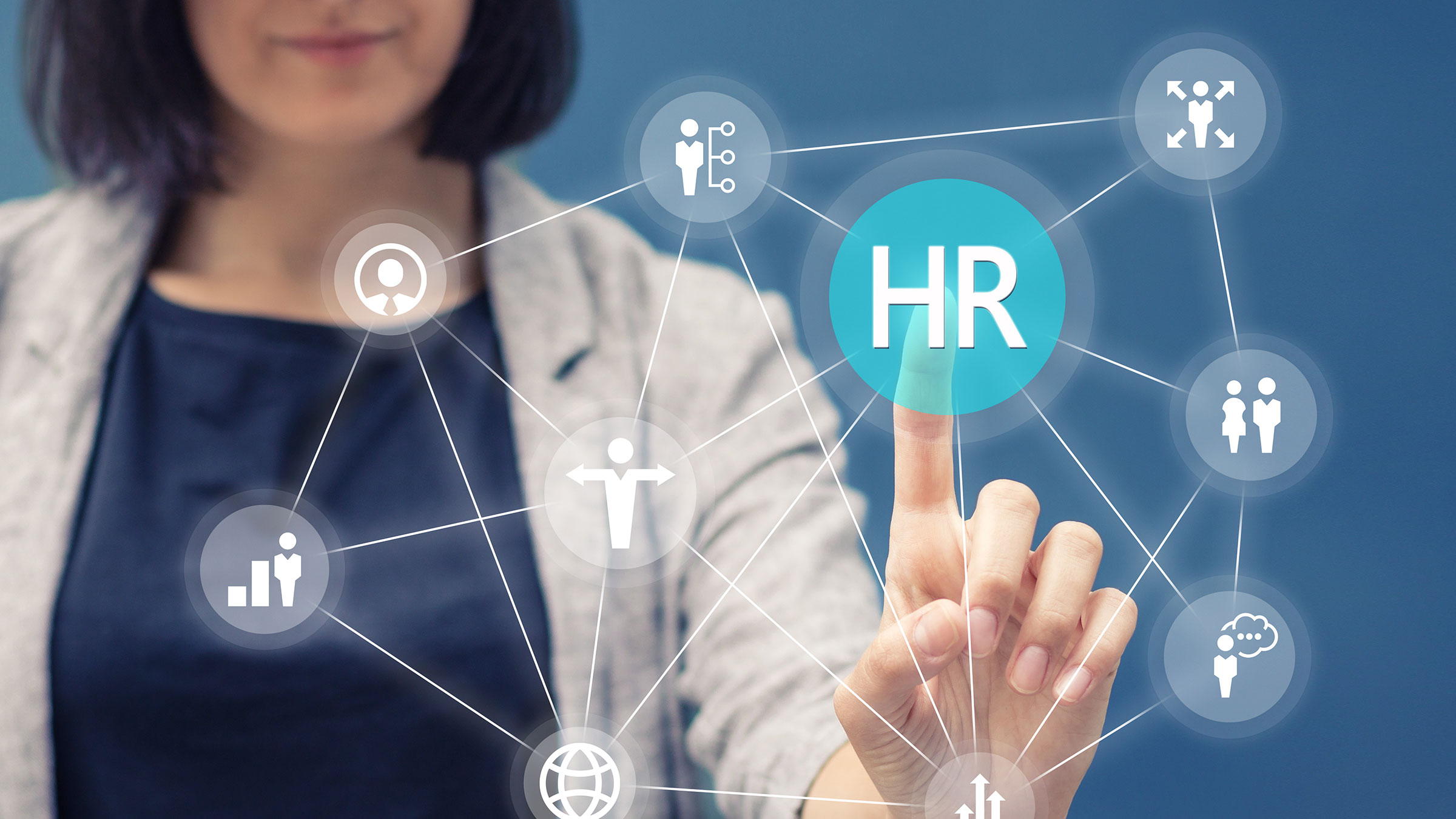 Digital Composite image of businesswoman touching HR computer icons