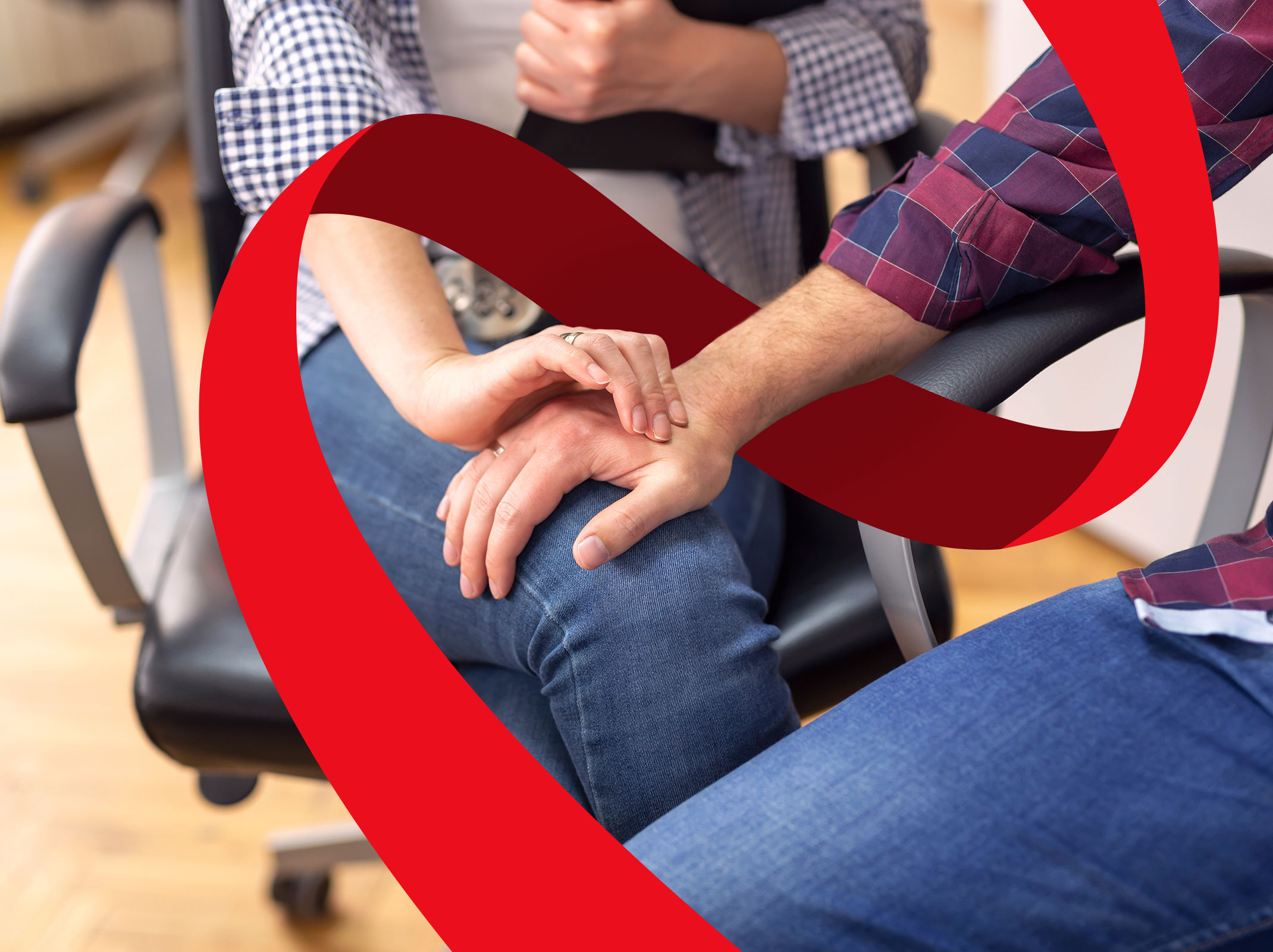 A business person putting a hand on another person's knee. The other person is rejecting the advance. They are in a business setting.