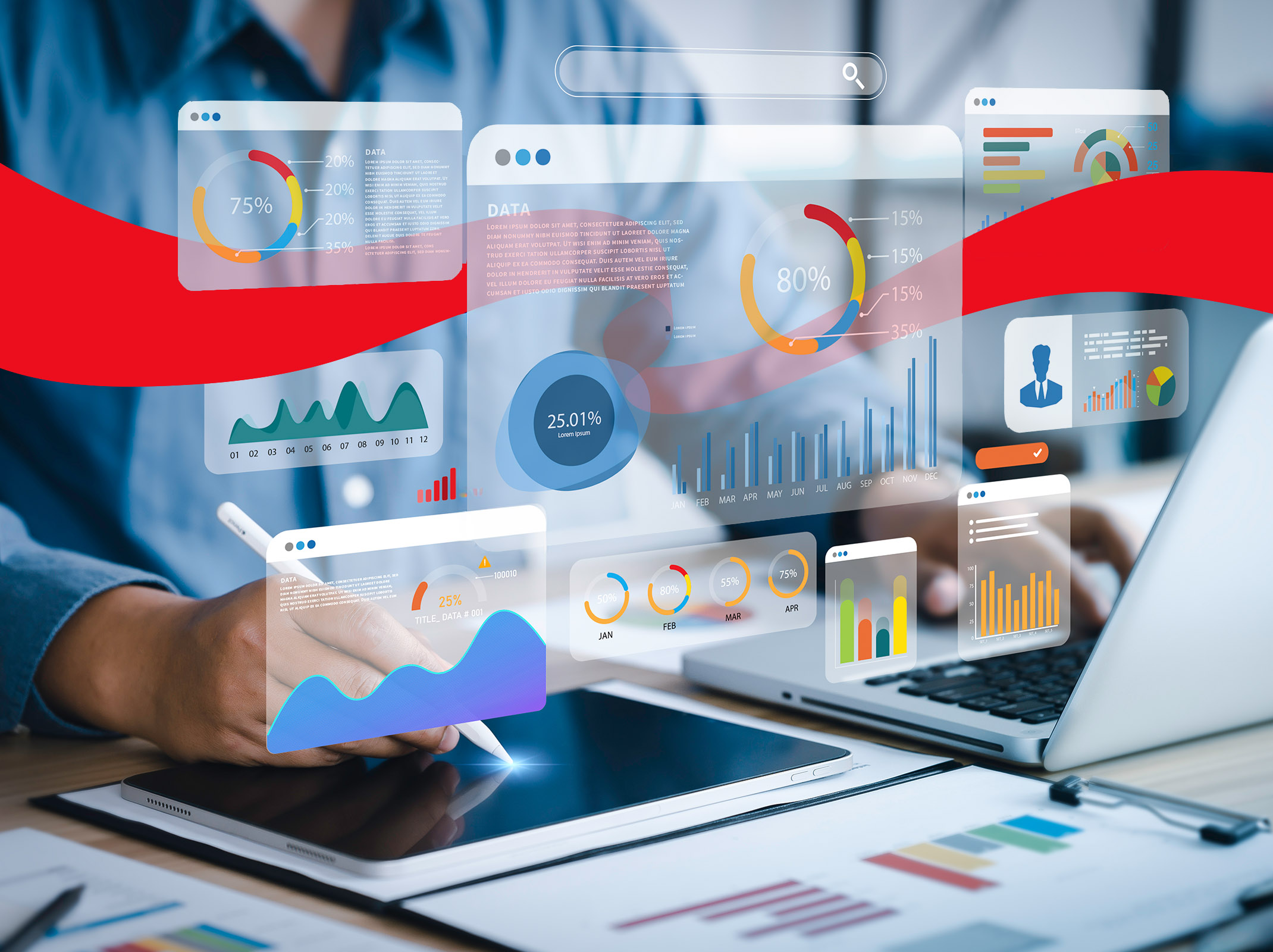 A professional working on a laptop, with digital dashboards and graphs floating in the air, representing data analysis.