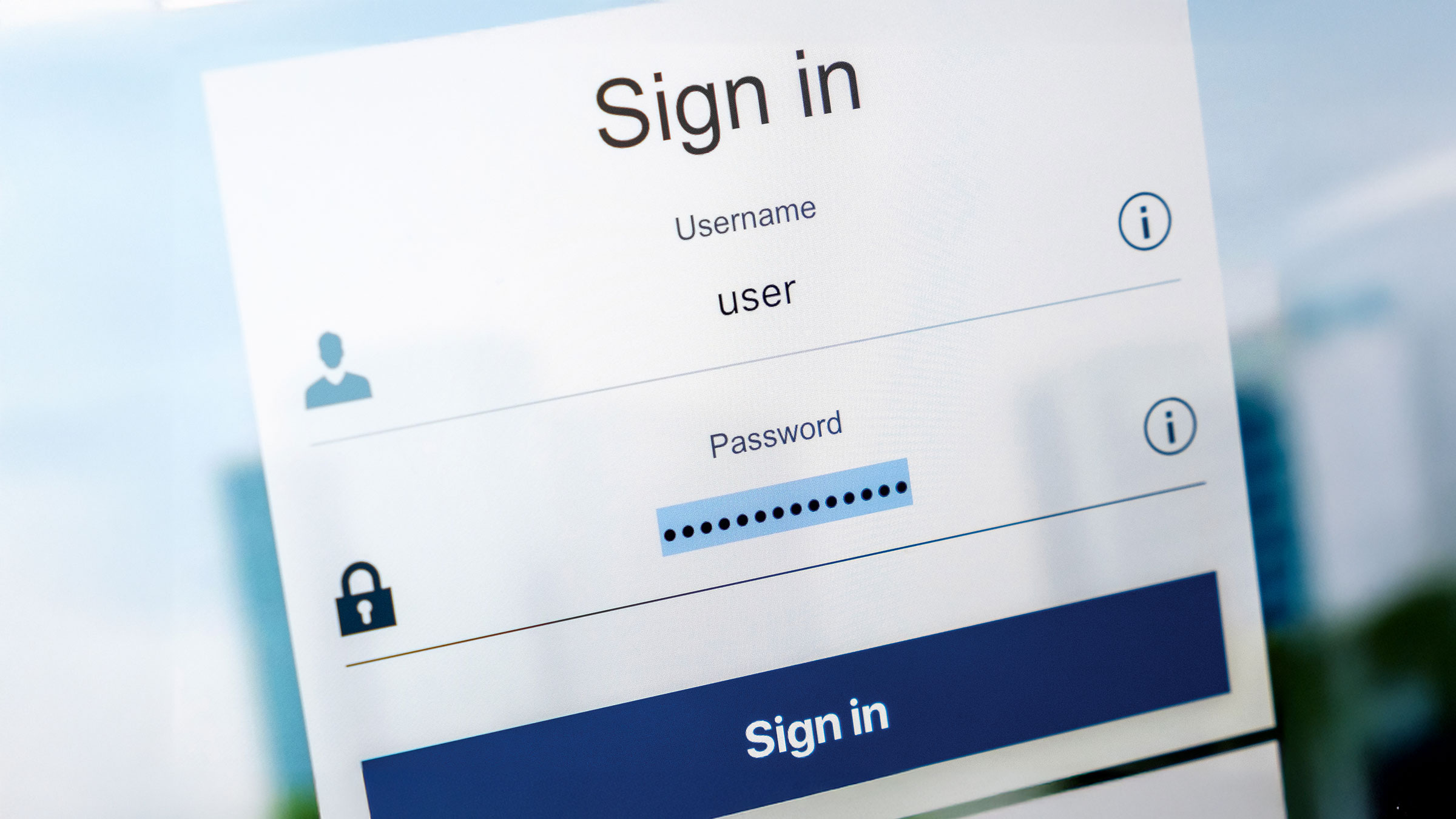 Login screen. Username and password in Internet browser on computer screen