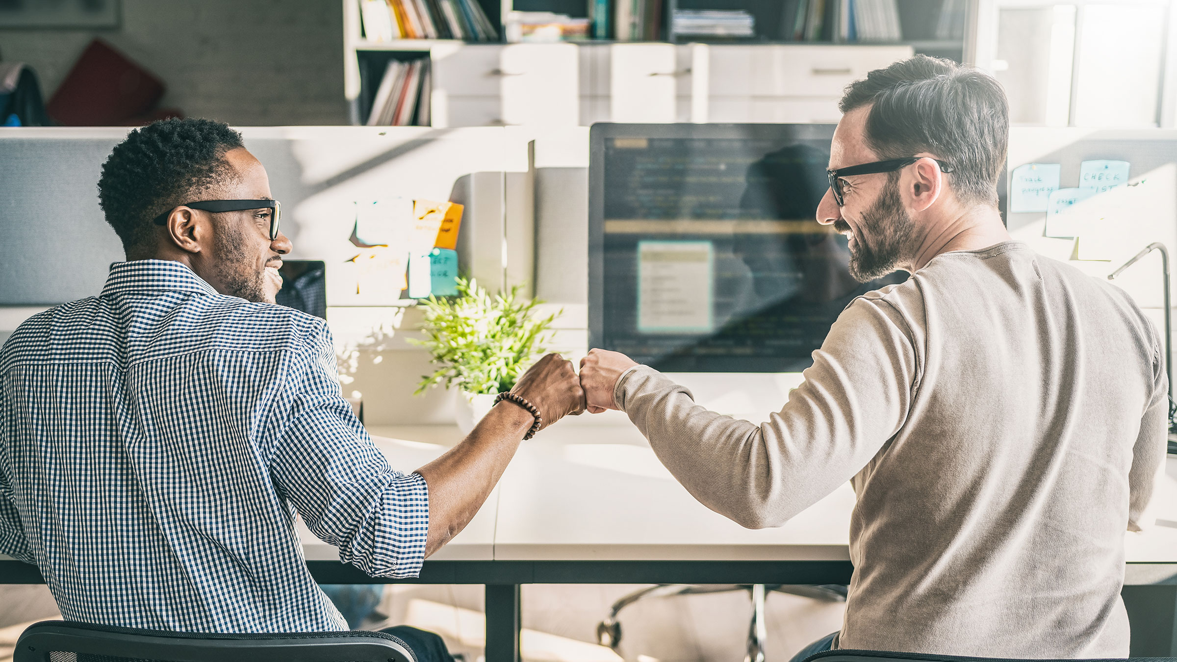 Fist bump between two male colleagues at work.
