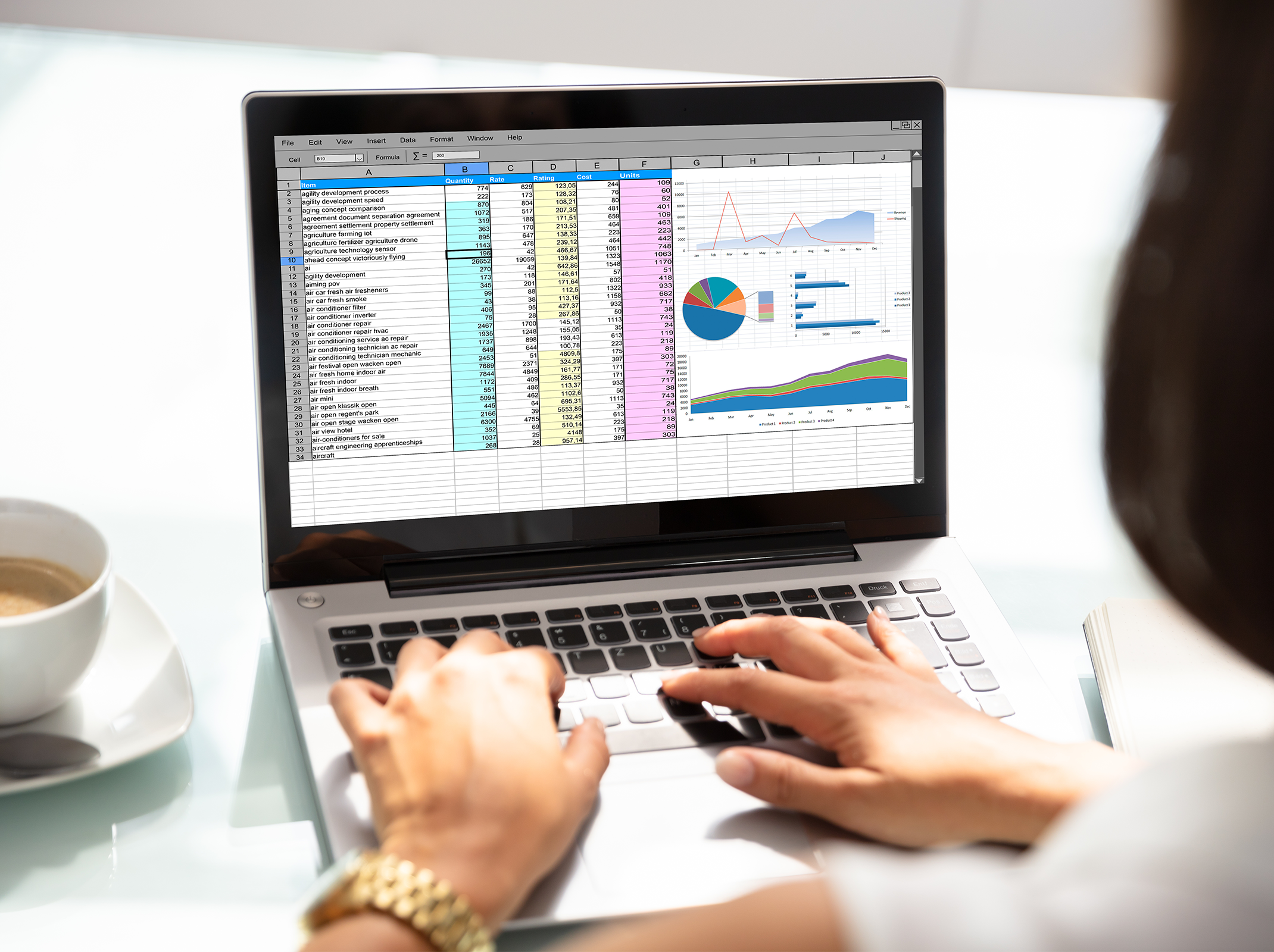Professional using Excel to analyze spreadsheet data and charts