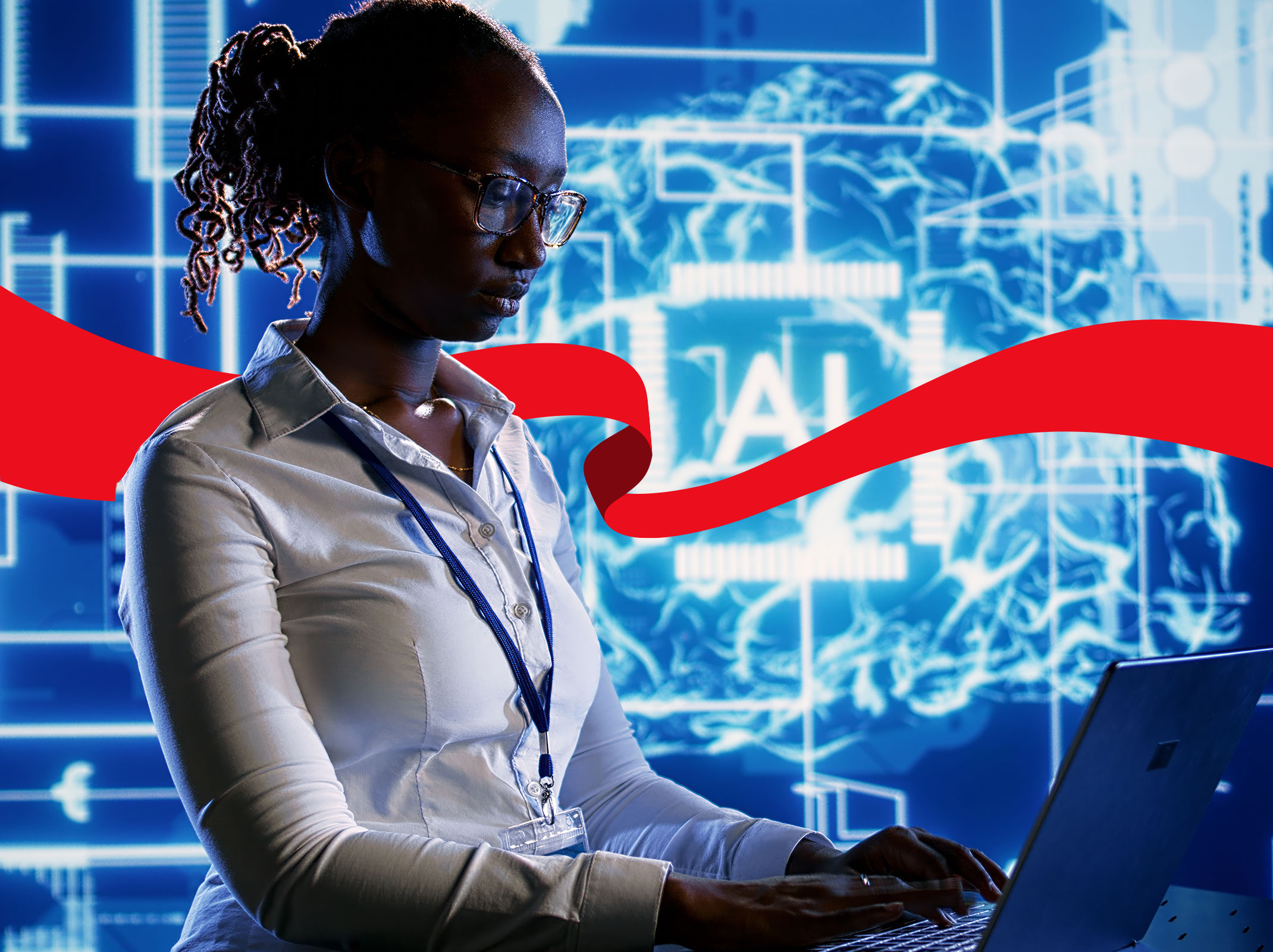 Woman using AI software on an office laptop