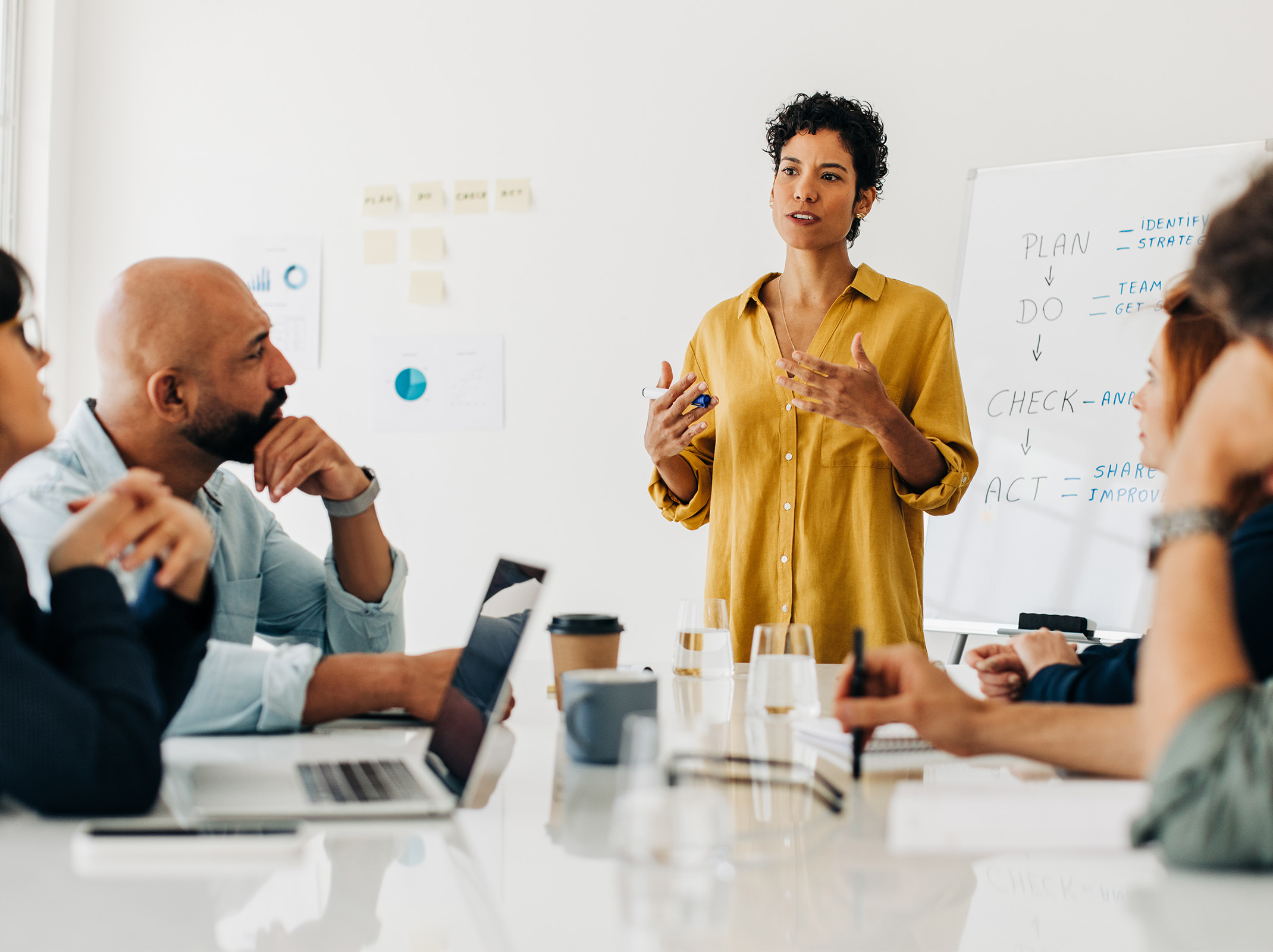 Team members participating in a meeting while a colleague presents ideas to the group