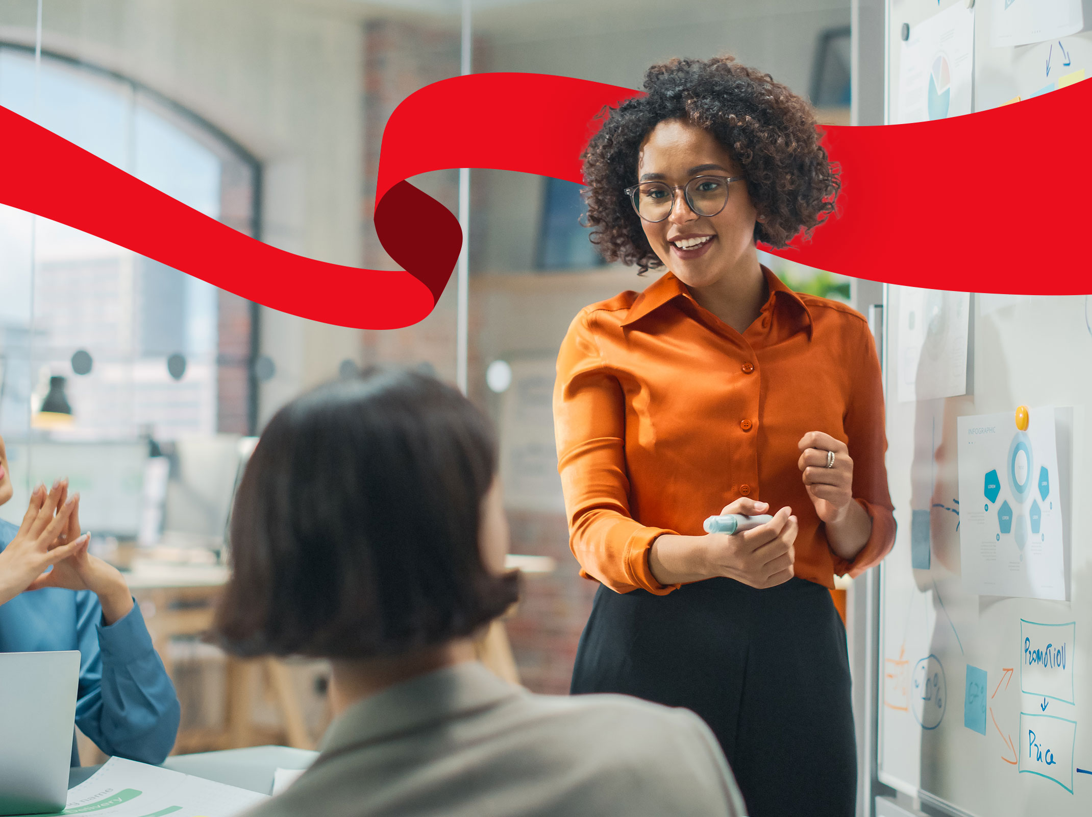 Project leader presenting to a group of coworkers in front of whiteboard