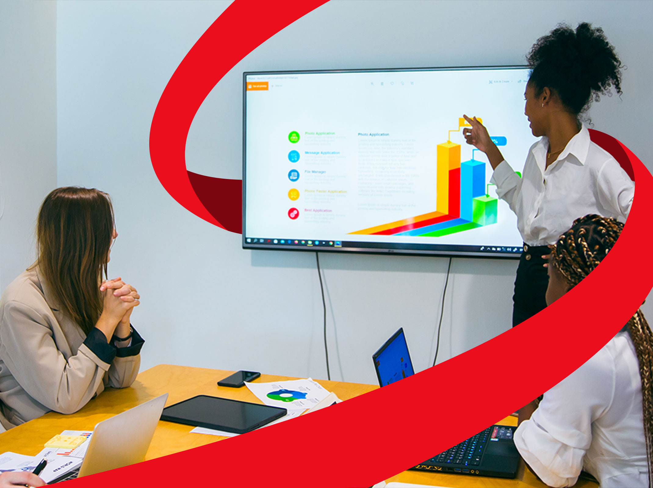 Confident professional woman presents Lean Six Sigma course on screen with vibrant bar graphs, engaging audience.