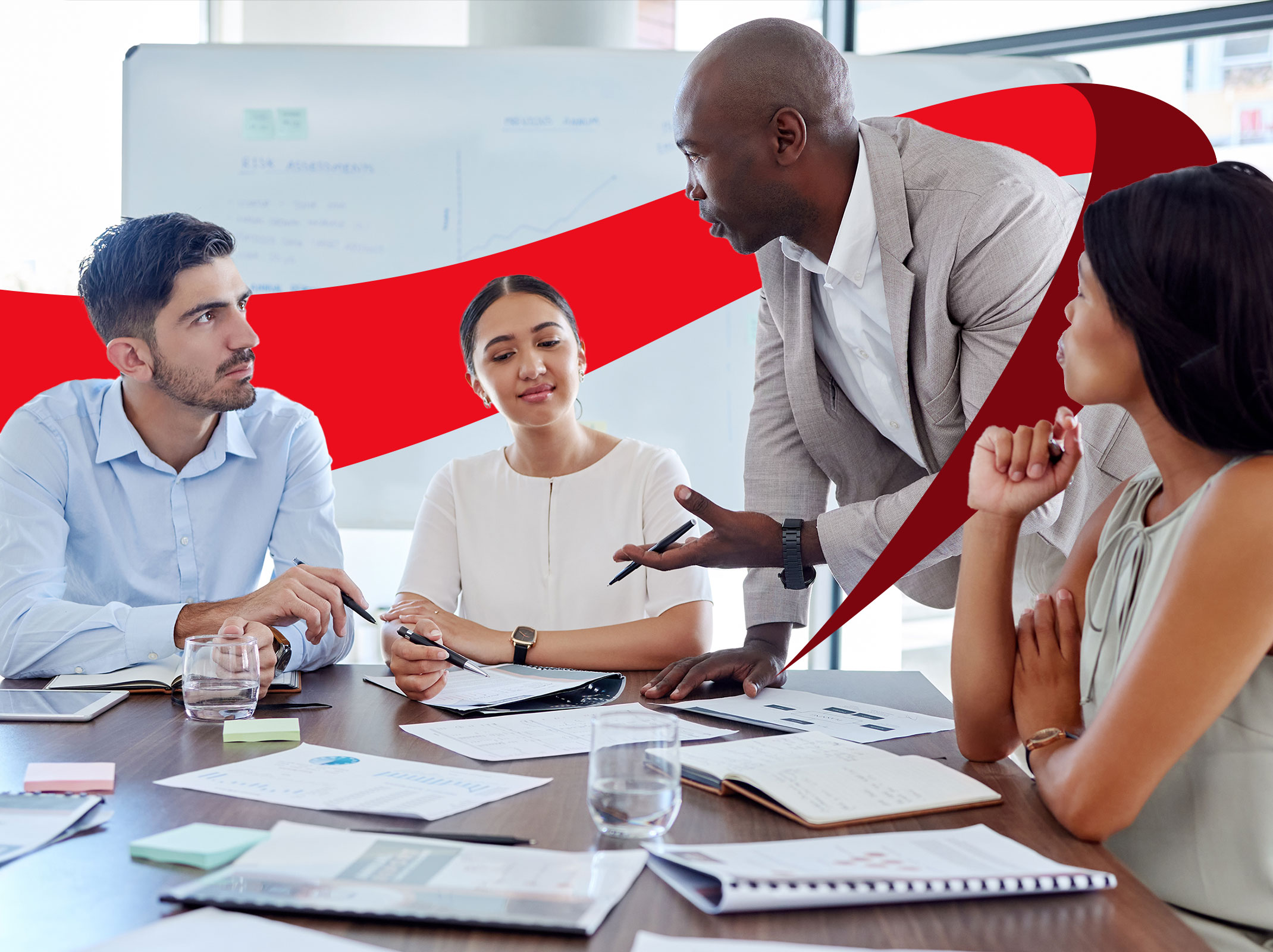 A diverse group of professionals in a meeting room, discussing possible solutions to a problem with their current project.